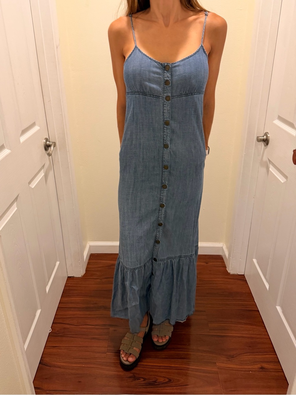 Sleeveless Blue Button-Front Maxi Dress